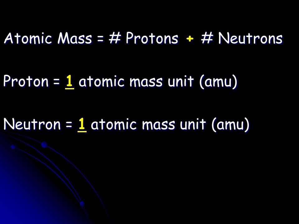 Atomic Mass = # Protons + # Neutrons Proton = 1 atomic mass unit (amu) Neutron = 1 atomic mass unit (amu)