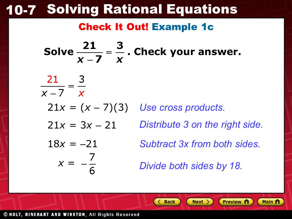 10-7 Solving Rational Equations Check It Out. Example 1c Solve.