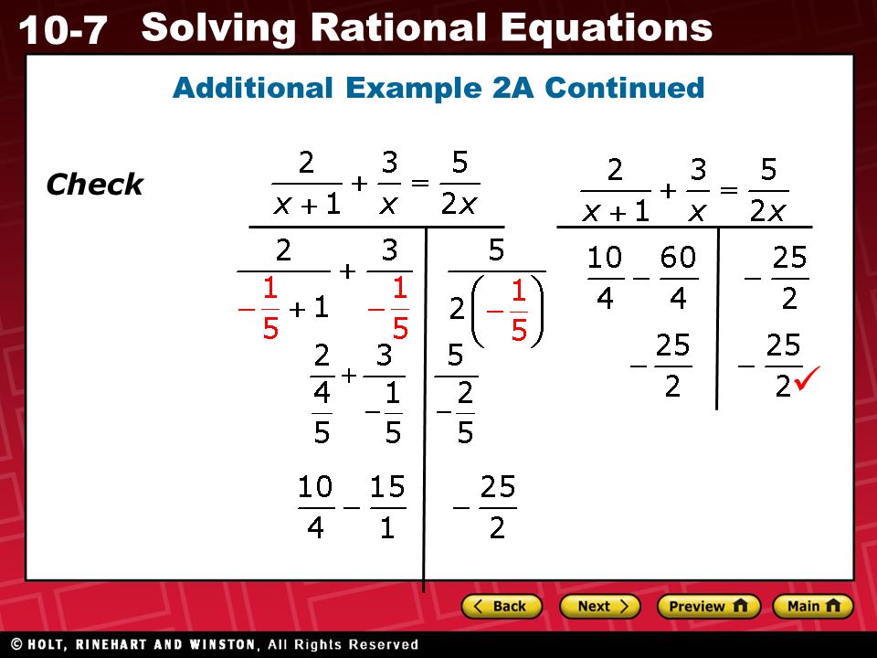 10-7 Solving Rational Equations Additional Example 2A Continued Check