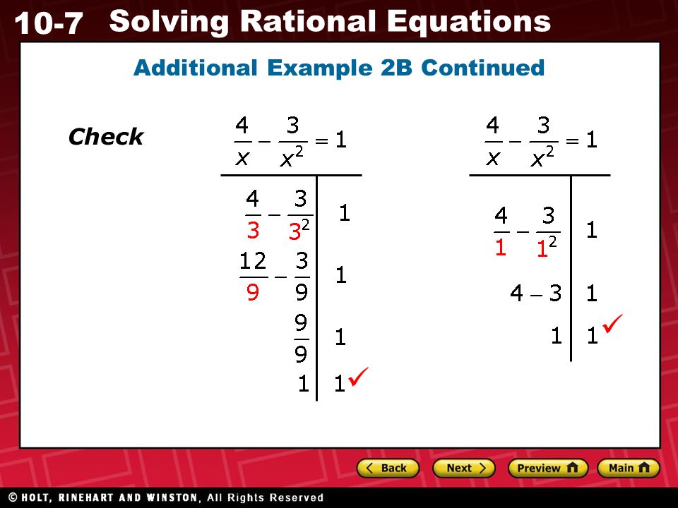10-7 Solving Rational Equations Additional Example 2B Continued Check