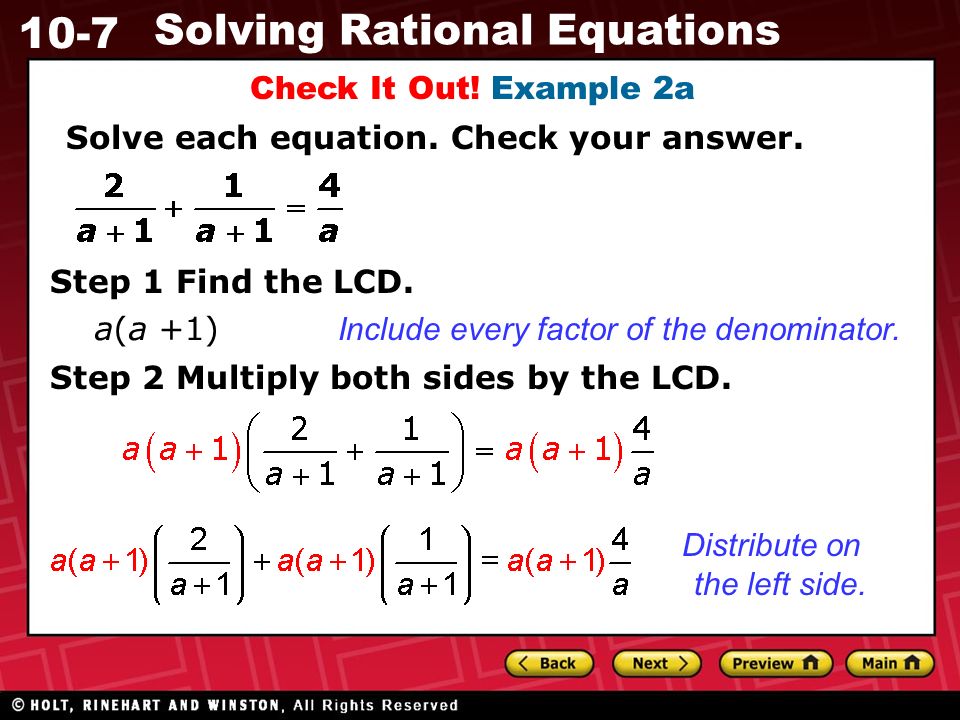 10-7 Solving Rational Equations Check It Out. Example 2a Solve each equation.