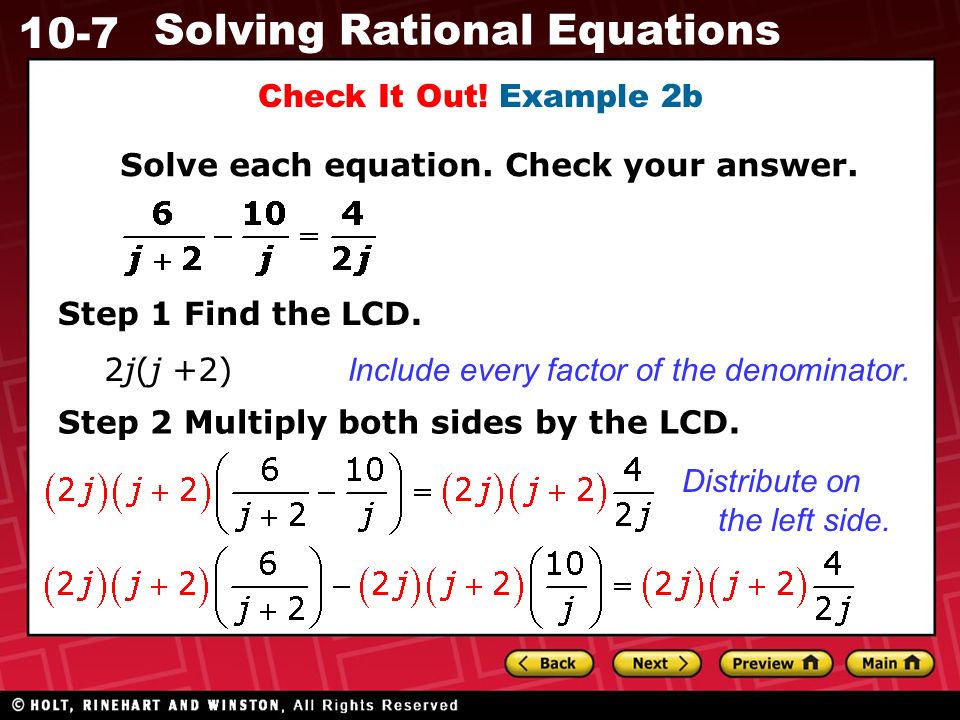 10-7 Solving Rational Equations Check It Out. Example 2b Solve each equation.