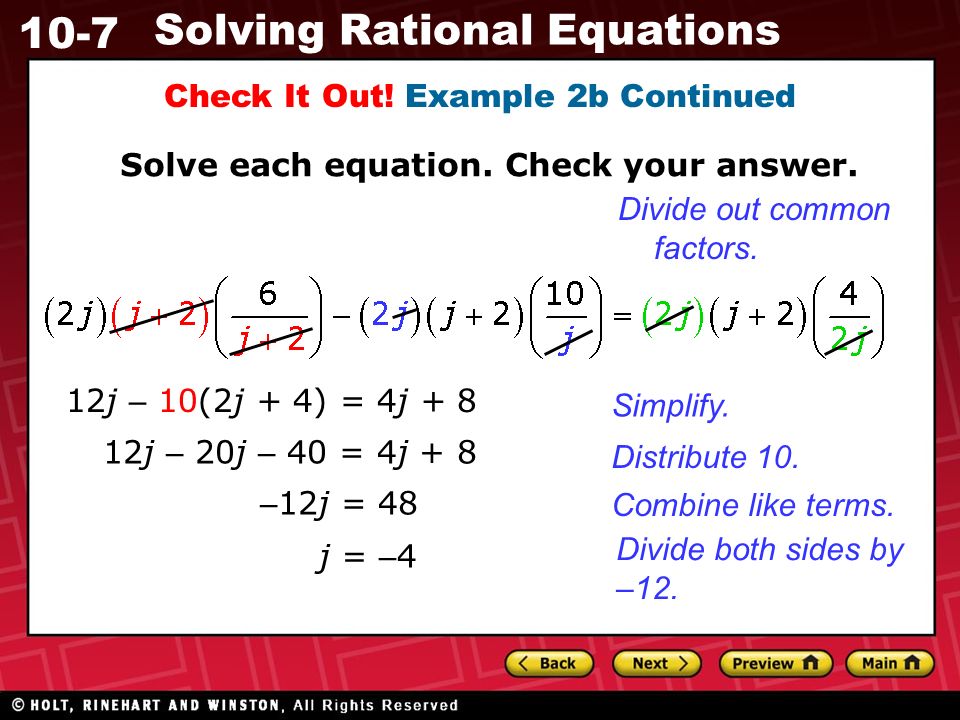 10-7 Solving Rational Equations Check It Out. Example 2b Continued Solve each equation.