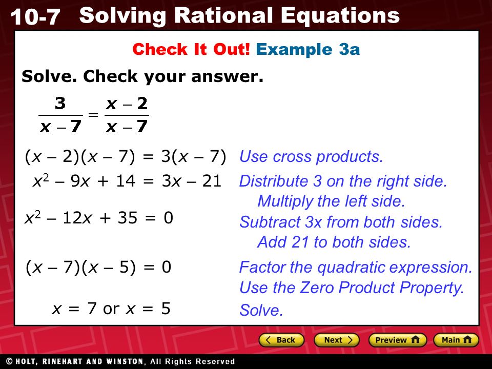 10-7 Solving Rational Equations Check It Out. Example 3a Solve.