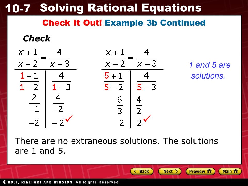 10-7 Solving Rational Equations Check It Out.