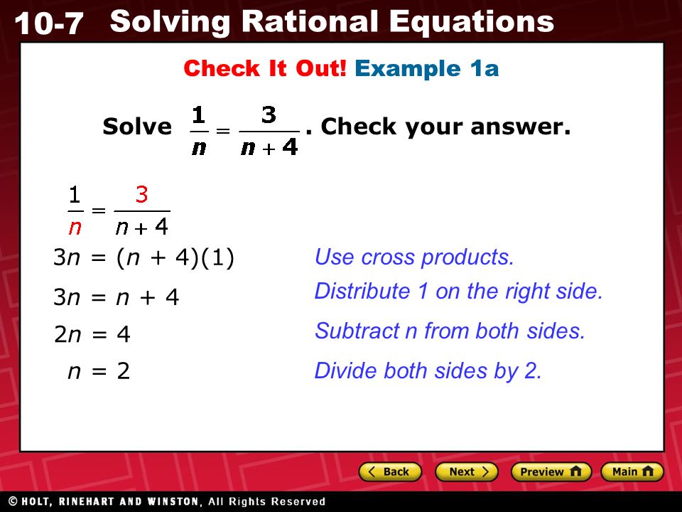 10-7 Solving Rational Equations Check It Out. Example 1a Solve.