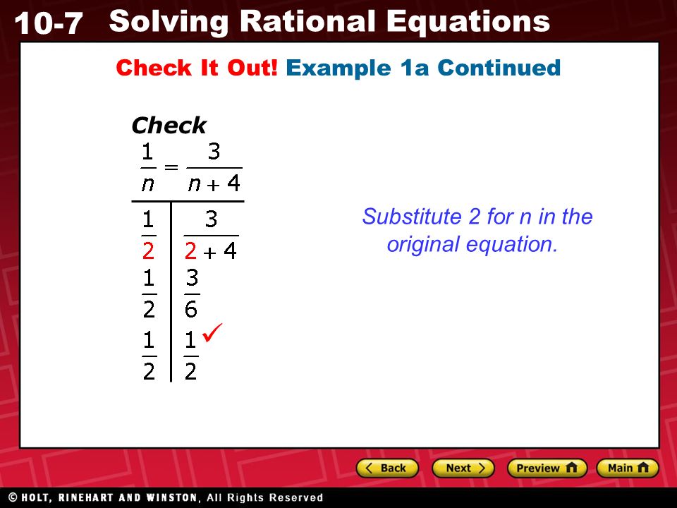 10-7 Solving Rational Equations Check It Out.