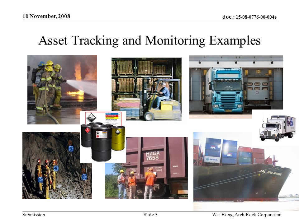 doc.: e Submission 10 November, 2008 Wei Hong, Arch Rock CorporationSlide 3 Asset Tracking and Monitoring Examples