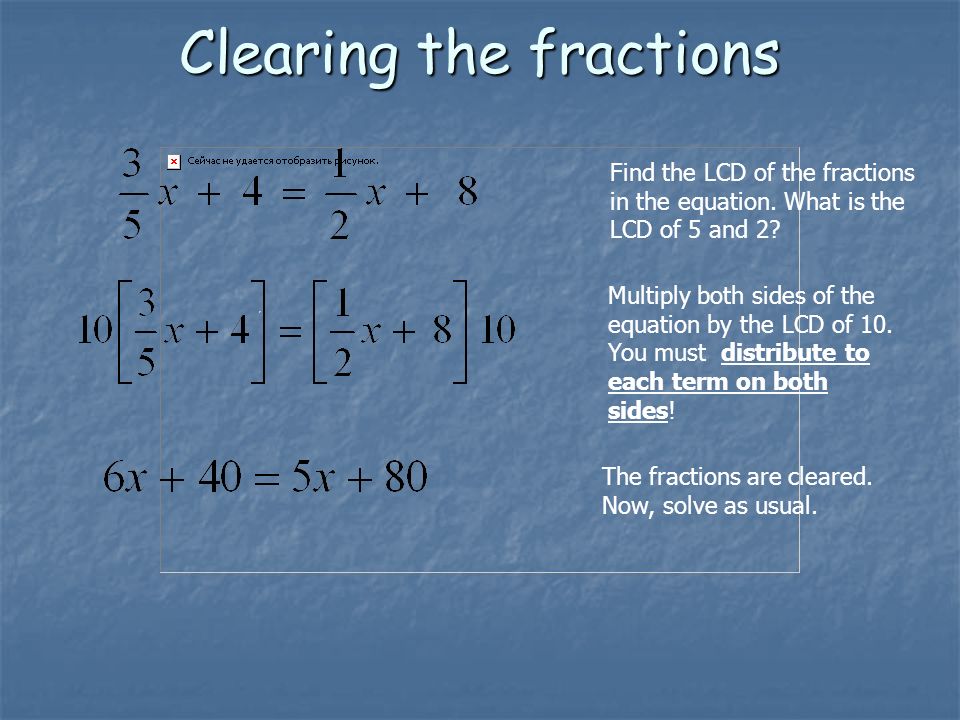 Clearing the fractions Find the LCD of the fractions in the equation.
