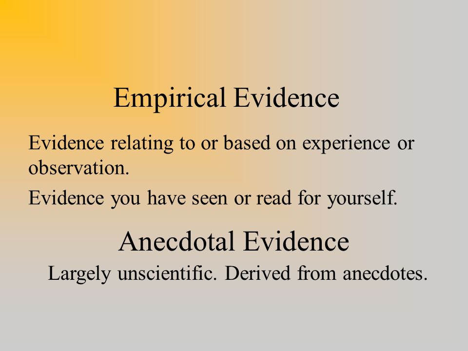 Empirical Evidence Evidence relating to or based on experience or observation.