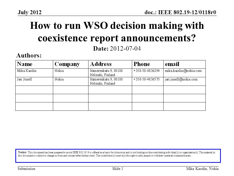 doc.: IEEE /0118r0 Submission July 2012 Mika Kasslin, NokiaSlide 1 How to run WSO decision making with coexistence report announcements.