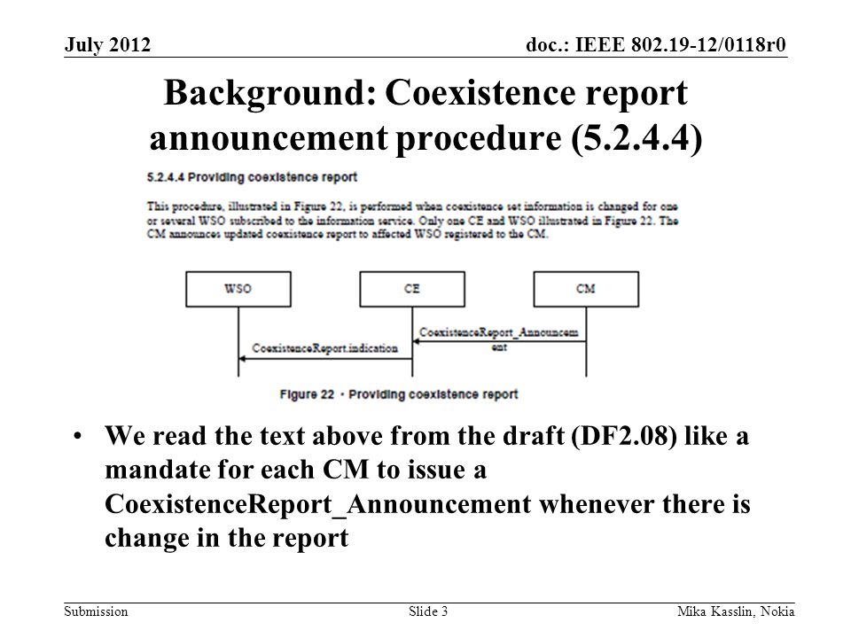 doc.: IEEE /0118r0 Submission Background: Coexistence report announcement procedure ( ) July 2012 Mika Kasslin, NokiaSlide 3 We read the text above from the draft (DF2.08) like a mandate for each CM to issue a CoexistenceReport_Announcement whenever there is change in the report