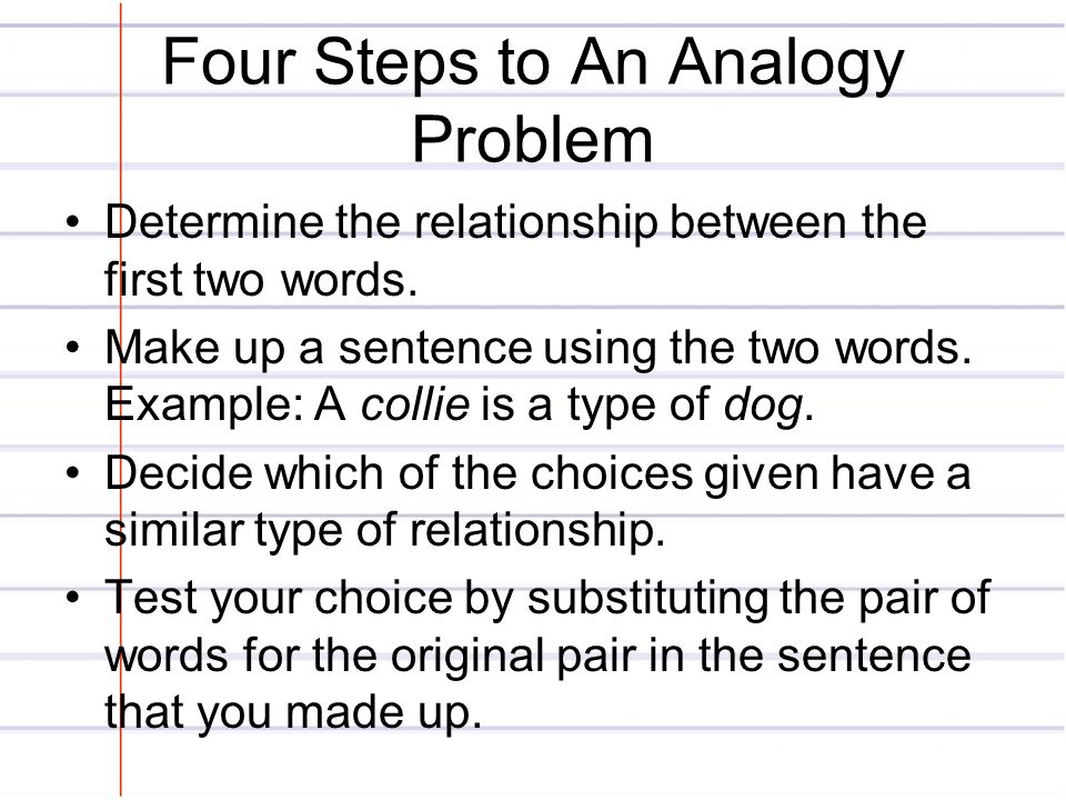Four Steps to An Analogy Problem Determine the relationship between the first two words.