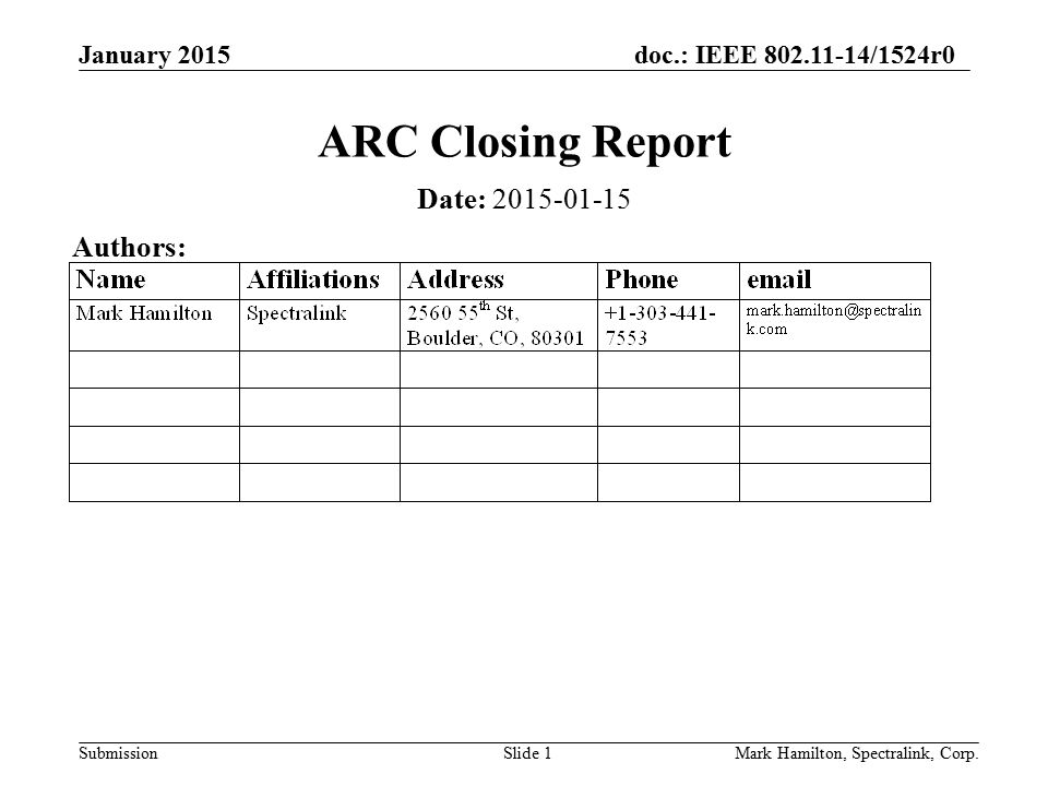 January 2015doc.: IEEE /1524r0 SubmissionMark Hamilton, Spectralink, Corp.Slide 1 ARC Closing Report Date: Authors:
