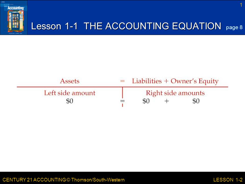 CENTURY 21 ACCOUNTING © Thomson/South-Western 1 LESSON 1-2 Lesson 1-1 THE ACCOUNTING EQUATION page 8