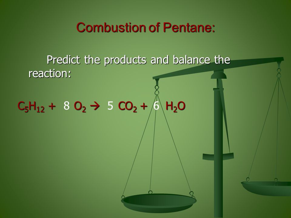 Combustion of Pentane: Predict the products and balance the reaction: Predict the products and balance the reaction: C 5 H 12 + O 2  CO 2 + H 2 O 568