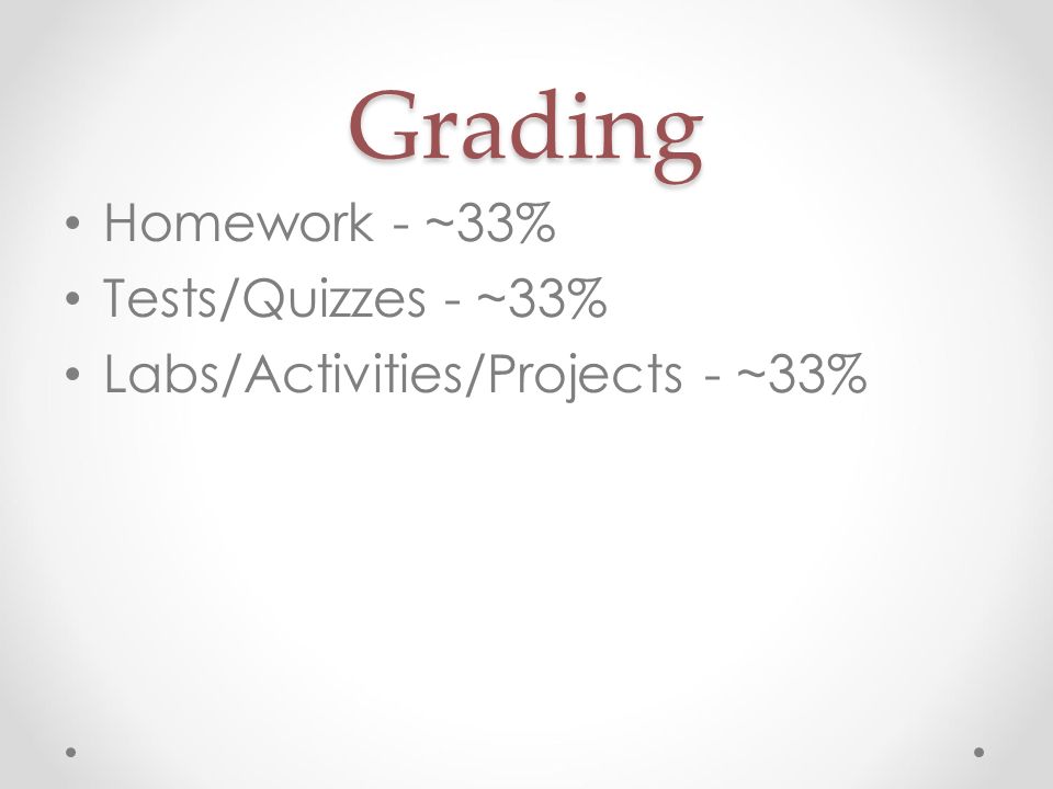 Grading Homework - ~33% Tests/Quizzes - ~33% Labs/Activities/Projects - ~33%