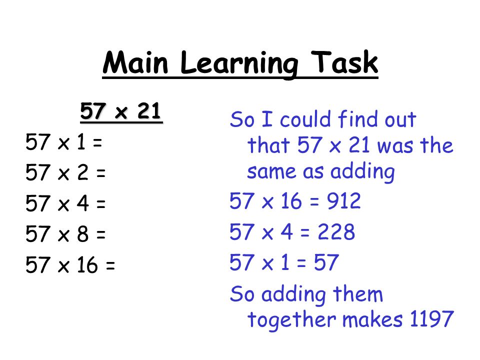 Main Learning Task 57 x x 1 = 57 x 2 = 57 x 4 = 57 x 8 = 57 x 16 = So I could find out that 57 x 21 was the same as adding 57 x 16 = x 4 = x 1 = 57 So adding them together makes 1197