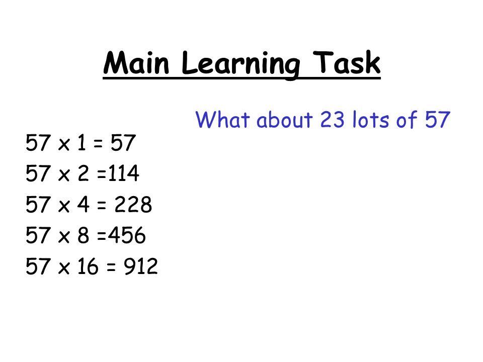 Main Learning Task 57 x 1 = x 2 = x 4 = x 8 = x 16 = 912 What about 23 lots of 57