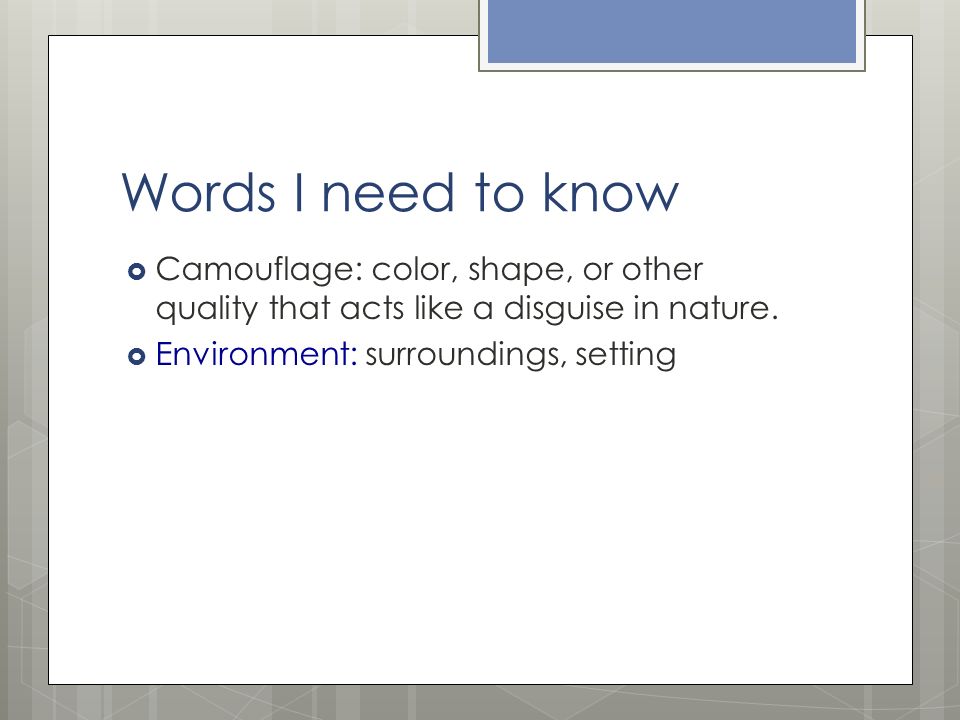 Words I need to know  Camouflage: color, shape, or other quality that acts like a disguise in nature.