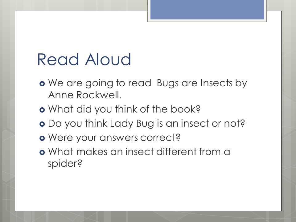 Read Aloud  We are going to read Bugs are Insects by Anne Rockwell.