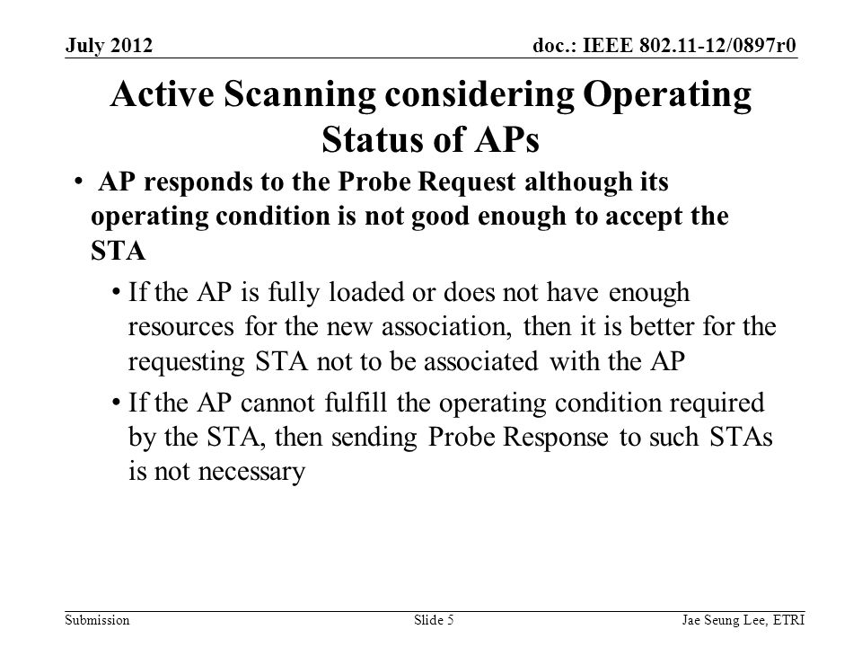 doc.: IEEE /0897r0 Submission Active Scanning considering Operating Status of APs AP responds to the Probe Request although its operating condition is not good enough to accept the STA If the AP is fully loaded or does not have enough resources for the new association, then it is better for the requesting STA not to be associated with the AP If the AP cannot fulfill the operating condition required by the STA, then sending Probe Response to such STAs is not necessary Jae Seung Lee, ETRISlide 5 July 2012
