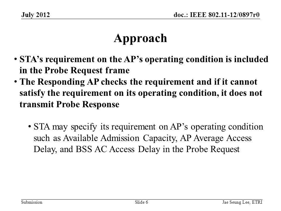 doc.: IEEE /0897r0 Submission Approach STA’s requirement on the AP’s operating condition is included in the Probe Request frame The Responding AP checks the requirement and if it cannot satisfy the requirement on its operating condition, it does not transmit Probe Response STA may specify its requirement on AP’s operating condition such as Available Admission Capacity, AP Average Access Delay, and BSS AC Access Delay in the Probe Request Jae Seung Lee, ETRISlide 6 July 2012