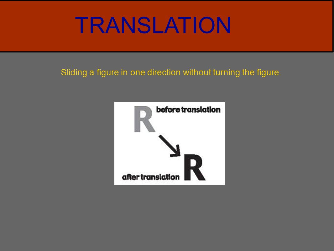 TRANSLATION Sliding a figure in one direction without turning the figure.
