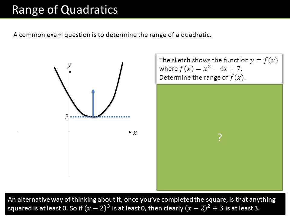 Range of Quadratics A common exam question is to determine the range of a quadratic.
