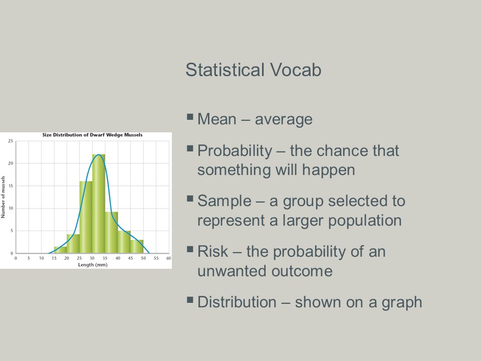 Statistical Vocab  Mean – average  Probability – the chance that something will happen  Sample – a group selected to represent a larger population  Risk – the probability of an unwanted outcome  Distribution – shown on a graph