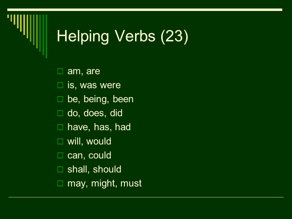 Helping Verbs (23)  am, are  is, was were  be, being, been  do, does, did  have, has, had  will, would  can, could  shall, should  may, might, must