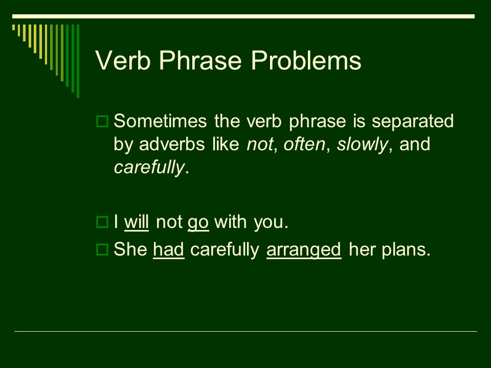 Verb Phrase Problems  Sometimes the verb phrase is separated by adverbs like not, often, slowly, and carefully.
