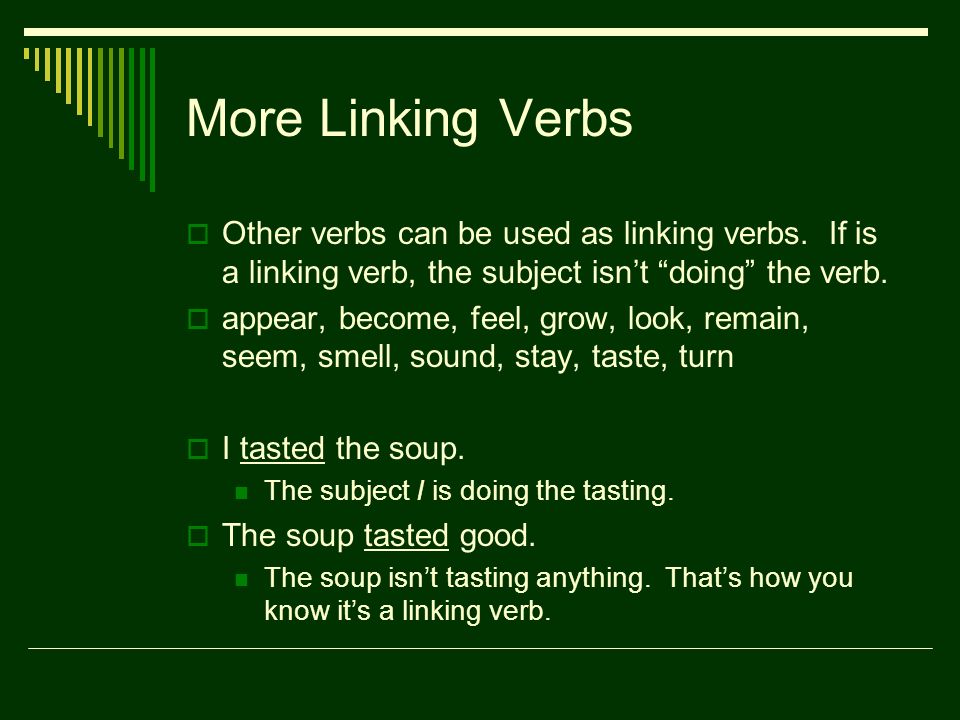 More Linking Verbs  Other verbs can be used as linking verbs.