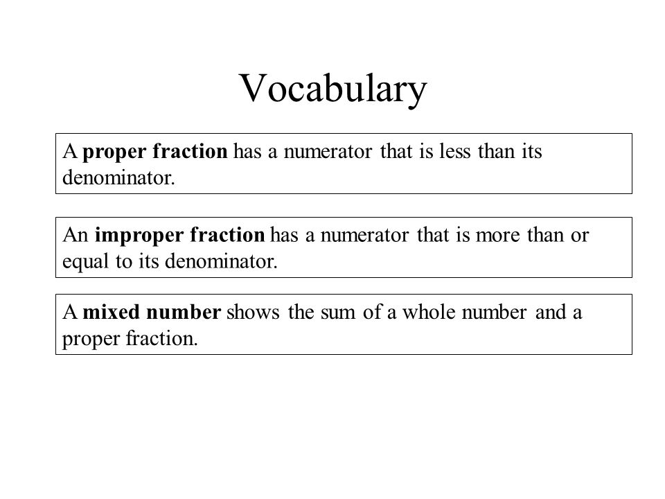 Vocabulary A proper fraction has a numerator that is less than its denominator.