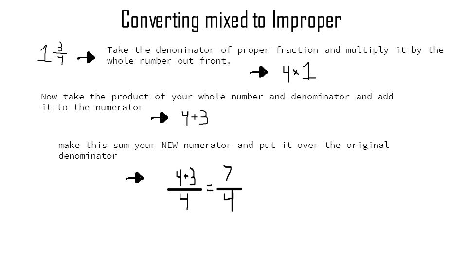 Converting mixed to Improper Take the denominator of proper fraction and multiply it by the whole number out front.