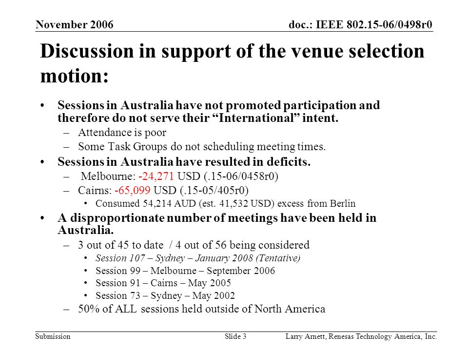 doc.: IEEE /0498r0 Submission November 2006 Larry Arnett, Renesas Technology America, Inc.Slide 3 Discussion in support of the venue selection motion: Sessions in Australia have not promoted participation and therefore do not serve their International intent.