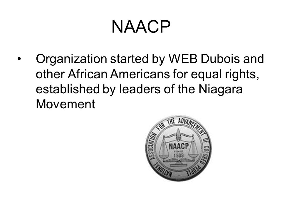 NAACP Organization started by WEB Dubois and other African Americans for equal rights, established by leaders of the Niagara Movement