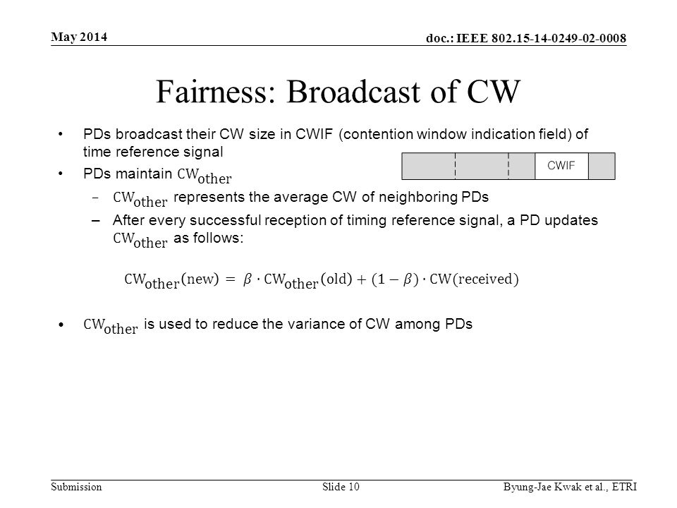 doc.: IEEE Submission May 2014 Byung-Jae Kwak et al., ETRISlide 10 Fairness: Broadcast of CW