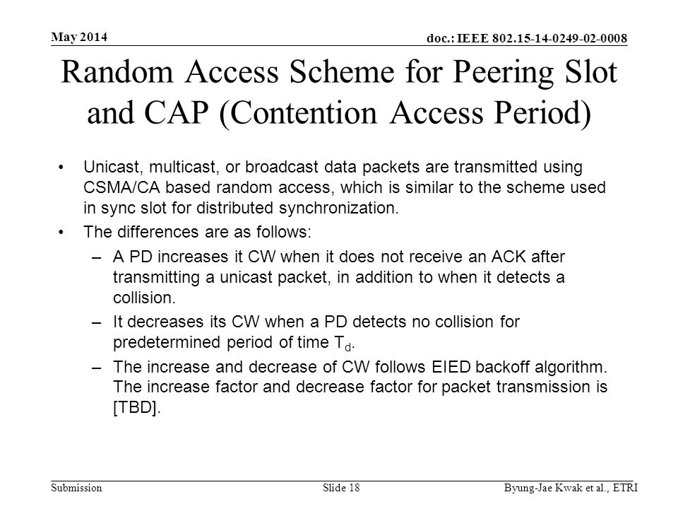 doc.: IEEE Submission May 2014 Byung-Jae Kwak et al., ETRISlide 18 Random Access Scheme for Peering Slot and CAP (Contention Access Period) Unicast, multicast, or broadcast data packets are transmitted using CSMA/CA based random access, which is similar to the scheme used in sync slot for distributed synchronization.