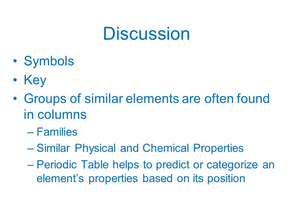 16 discussion symbols key groups of similar elements are often found in columns families similar physical and chemical properties periodic table helps to - Periodic Table Of Elements Discussion 16 discussion symbols key groups of similar elements are often found in columns families similar physical and chemical properties periodic table helps to - Periodic Table Of Elements Discussion