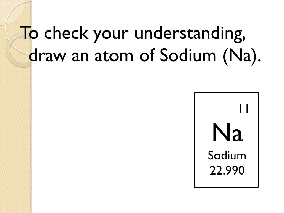 To check your understanding, draw an atom of Sodium (Na). 11 Na Sodium