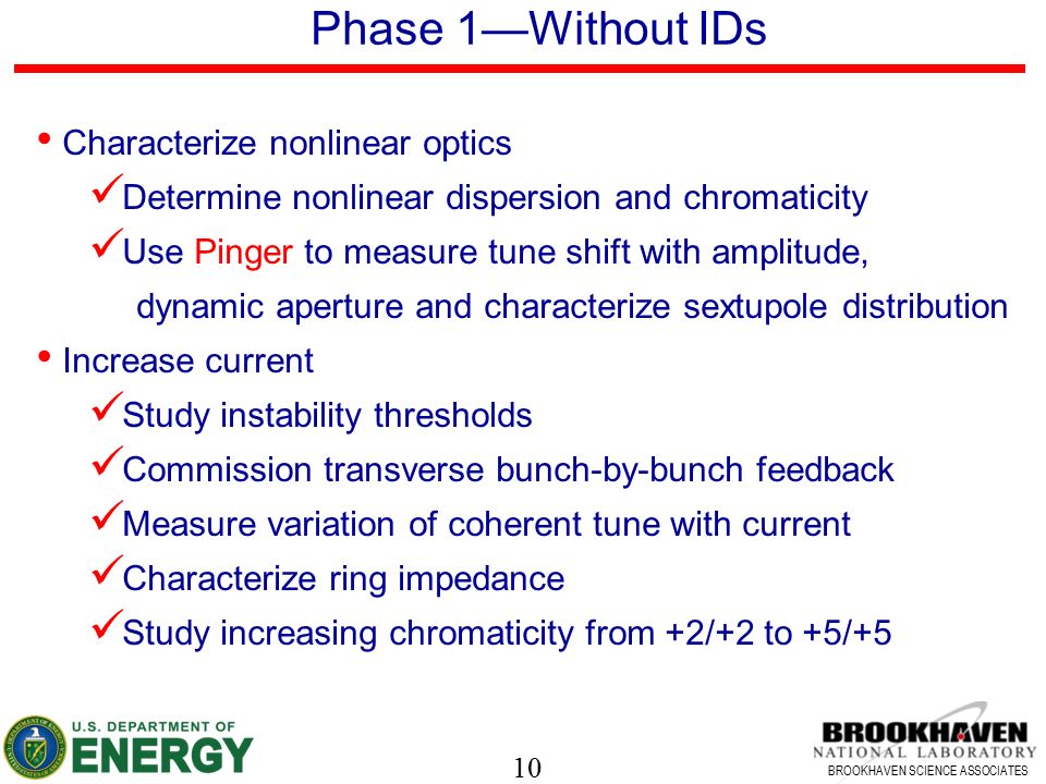 10 BROOKHAVEN SCIENCE ASSOCIATES Phase 1—Without IDs Characterize nonlinear optics Determine nonlinear dispersion and chromaticity Use Pinger to measure tune shift with amplitude, dynamic aperture and characterize sextupole distribution Increase current Study instability thresholds Commission transverse bunch-by-bunch feedback Measure variation of coherent tune with current Characterize ring impedance Study increasing chromaticity from +2/+2 to +5/+5