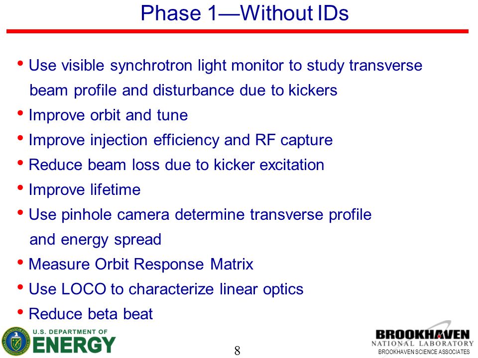 8 BROOKHAVEN SCIENCE ASSOCIATES Use visible synchrotron light monitor to study transverse beam profile and disturbance due to kickers Improve orbit and tune Improve injection efficiency and RF capture Reduce beam loss due to kicker excitation Improve lifetime Use pinhole camera determine transverse profile and energy spread Measure Orbit Response Matrix Use LOCO to characterize linear optics Reduce beta beat Phase 1—Without IDs