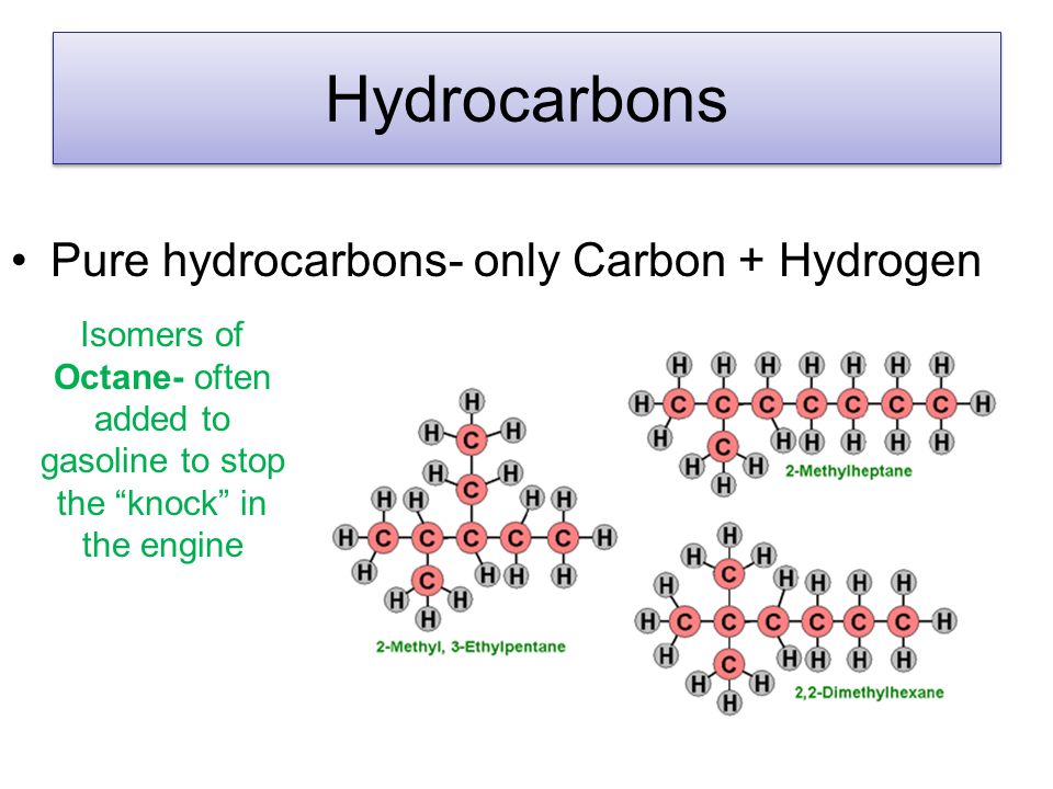 Hydrocarbons Pure hydrocarbons- only Carbon + Hydrogen Isomers of Octane- often added to gasoline to stop the knock in the engine