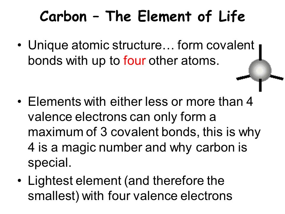Carbon – The Element of Life Unique atomic structure… form covalent bonds with up to four other atoms.