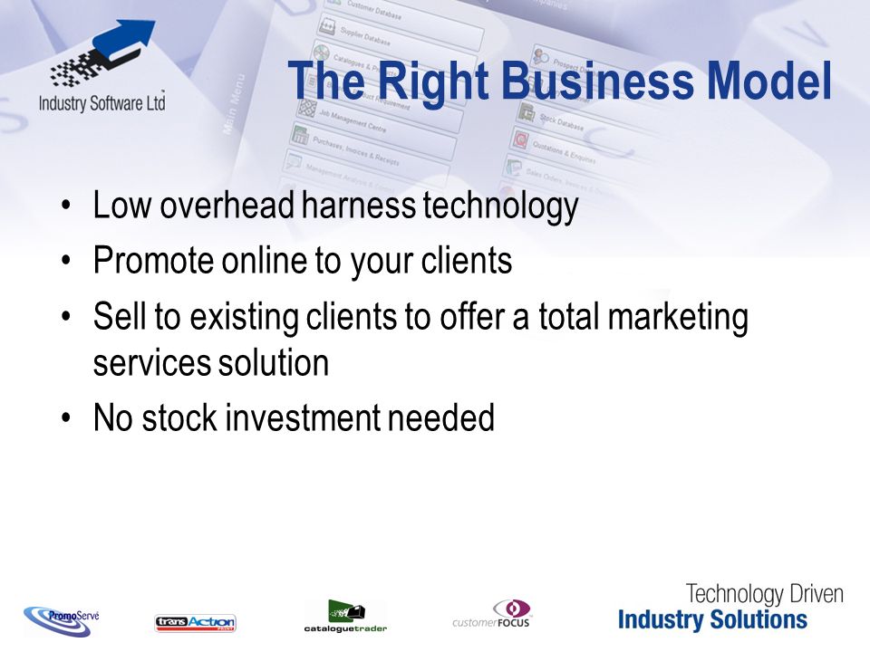The Right Business Model Low overhead harness technology Promote online to your clients Sell to existing clients to offer a total marketing services solution No stock investment needed