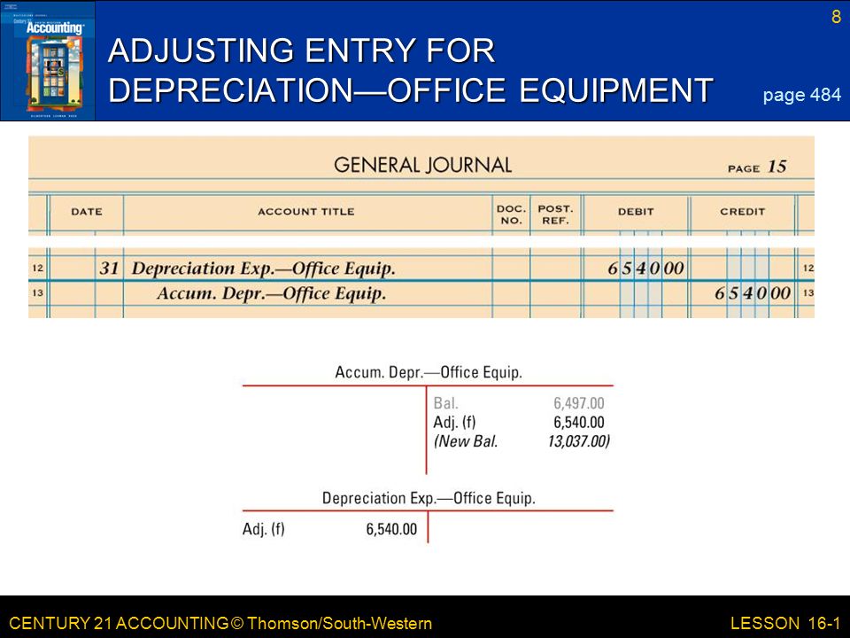 CENTURY 21 ACCOUNTING © Thomson/South-Western 8 LESSON 16-1 ADJUSTING ENTRY FOR DEPRECIATION—OFFICE EQUIPMENT page 484