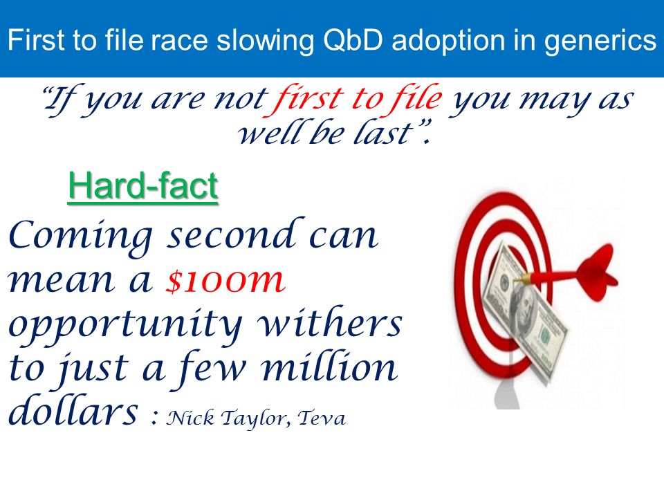 First to file race slowing QbD adoption in generics If you are not first to file you may as well be last .