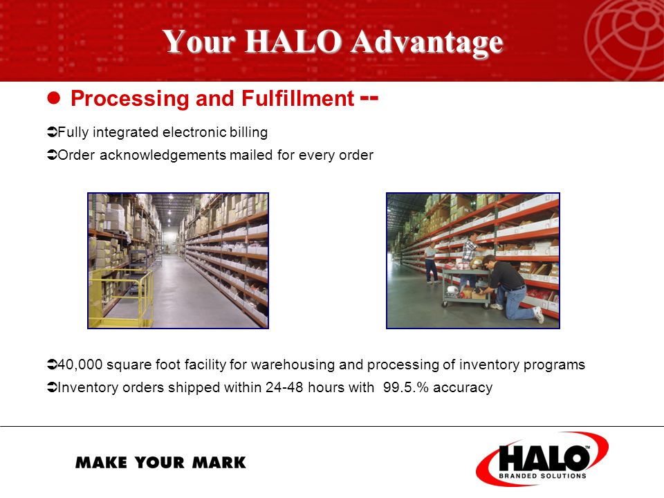 Customer Service  Genuine, professional customer service staff with a commitment to prompt response  Continuous training and educational programs  Believe in 100% Customer Satisfaction with guaranteed product quality  Full-time programs department with key contacts Your HALO Advantage