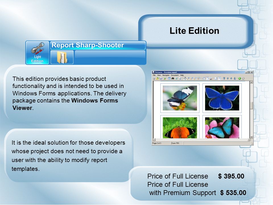 Lite Edition This edition provides basic product functionality and is intended to be used in Windows Forms applications.